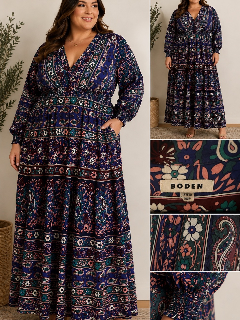 Boden Navy Floral Paisley Tiered Maxi Dress